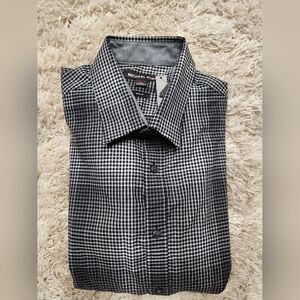 NWT Mens Michael Kors Button Down Long Sleeve Dress Shirt Black Gray Plaid Large